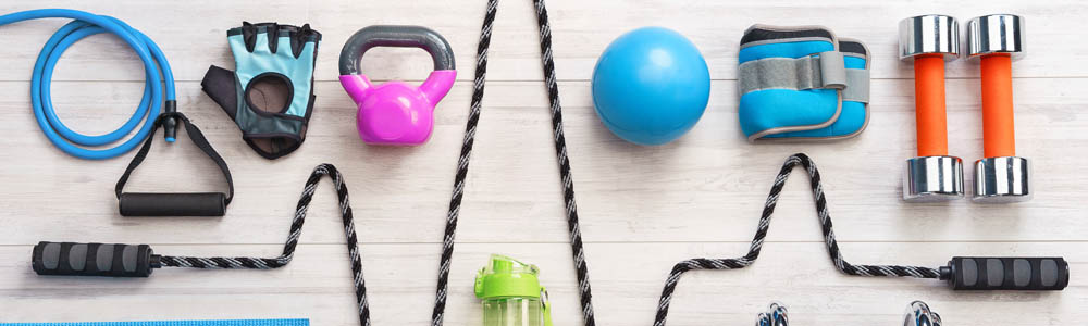 Various pieces of equipment, including resistance band, TRX, gloves, kettlebell, skipping rope, weights, balls, and more Various pieces of equipment, including resistance band, TRX, gloves, kettlebell, skipping rope, weights, balls, and more